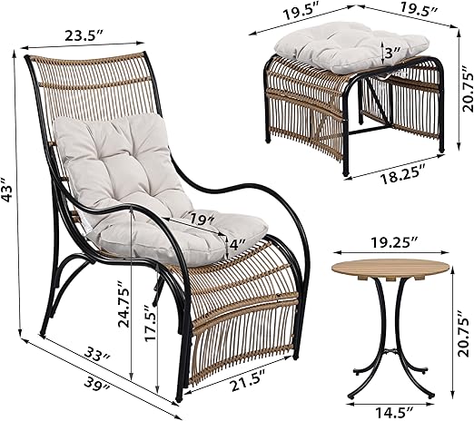 🏖️☀️🌿 3-Piece Wicker Patio Set – Lounge Chair + Ottoman + Table for Garden & Balcony
