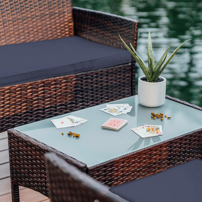🪑🍹🌞 4-Piece Wicker Outdoor Set – Loveseat, Armchairs & Glass Table for Backyard