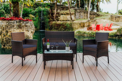 🪑🍹🌞 4-Piece Wicker Outdoor Set – Loveseat, Armchairs & Glass Table for Backyard