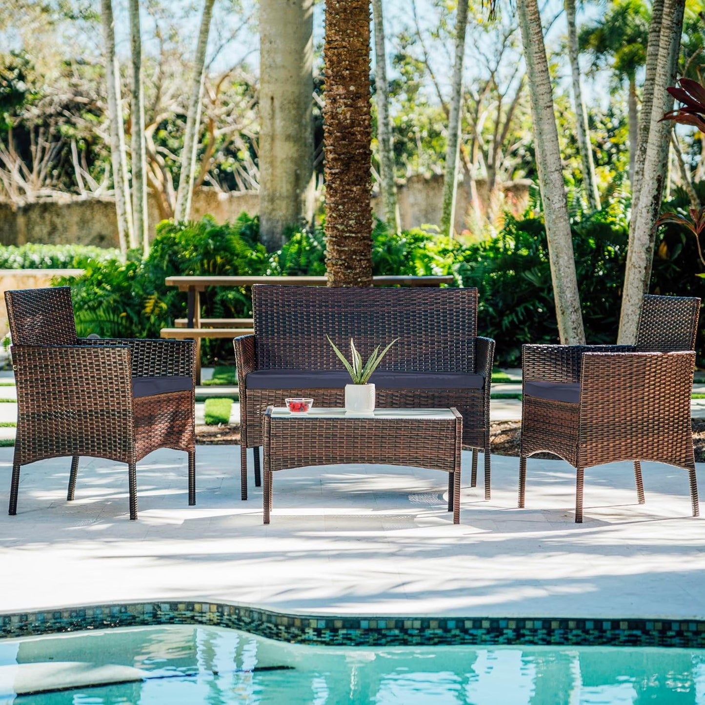 🪑🍹🌞 4-Piece Wicker Outdoor Set – Loveseat, Armchairs & Glass Table for Backyard