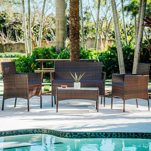 🪑🍹🌞 4-Piece Wicker Outdoor Set – Loveseat, Armchairs & Glass Table for Backyard