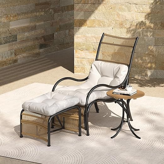 🏖️☀️🌿 3-Piece Wicker Patio Set – Lounge Chair + Ottoman + Table for Garden & Balcony