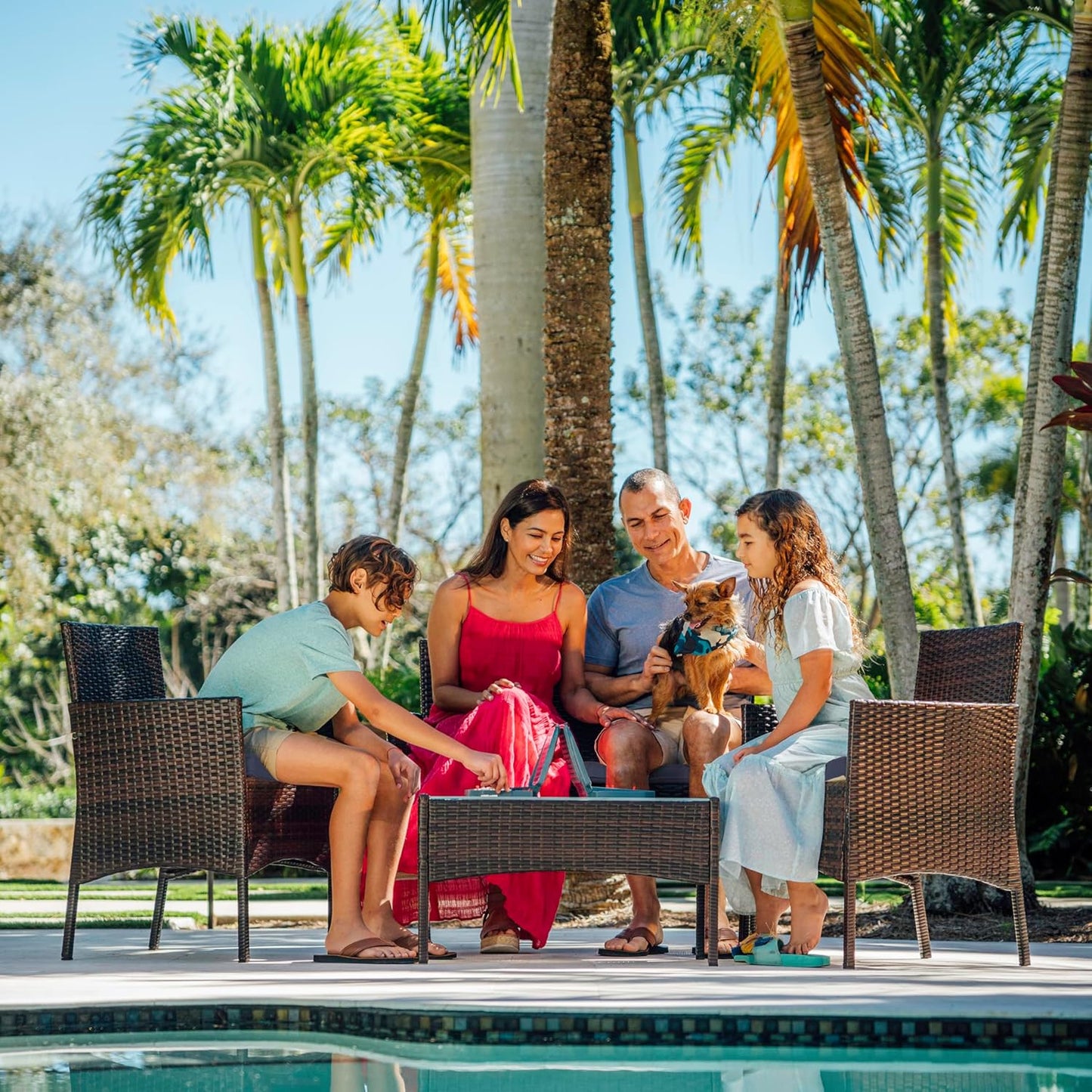🪑🍹🌞 4-Piece Wicker Outdoor Set – Loveseat, Armchairs & Glass Table for Backyard
